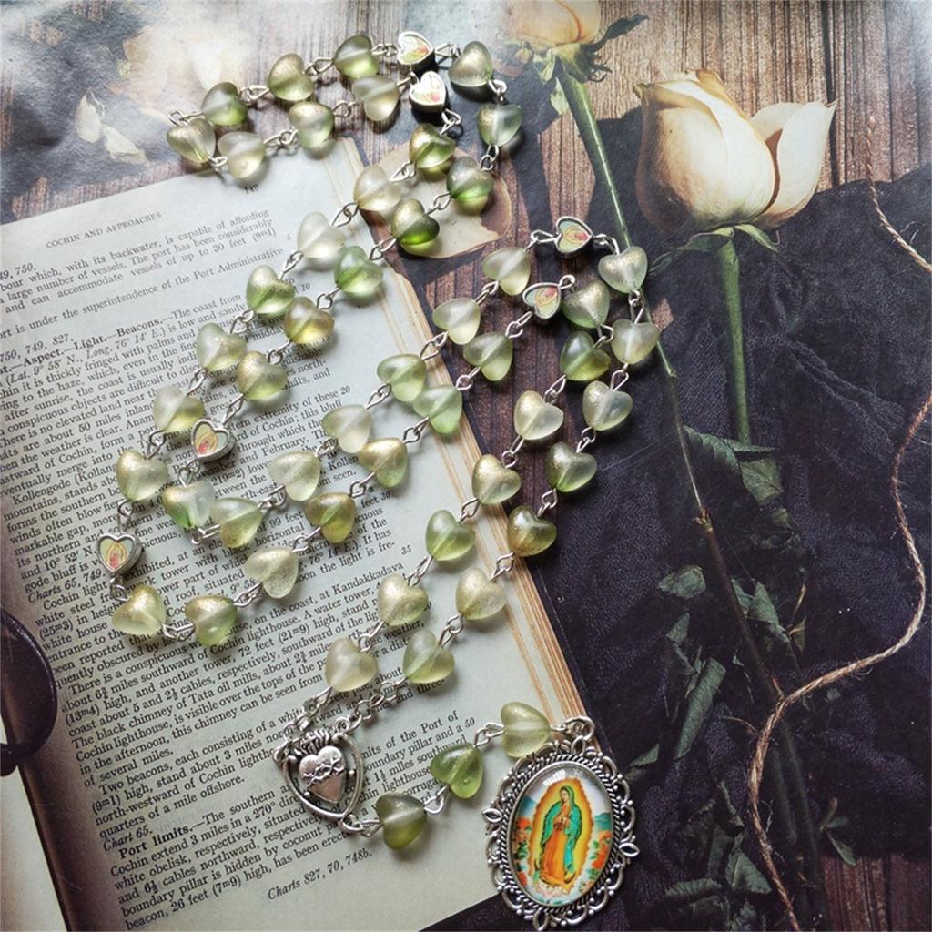 Elegante Rosenherz-Perlen Glasanhänger Rosenkranz-Halskette Christliches Gebet Modischer Vintage-Halsschmuck für den täglichen Gebrauch