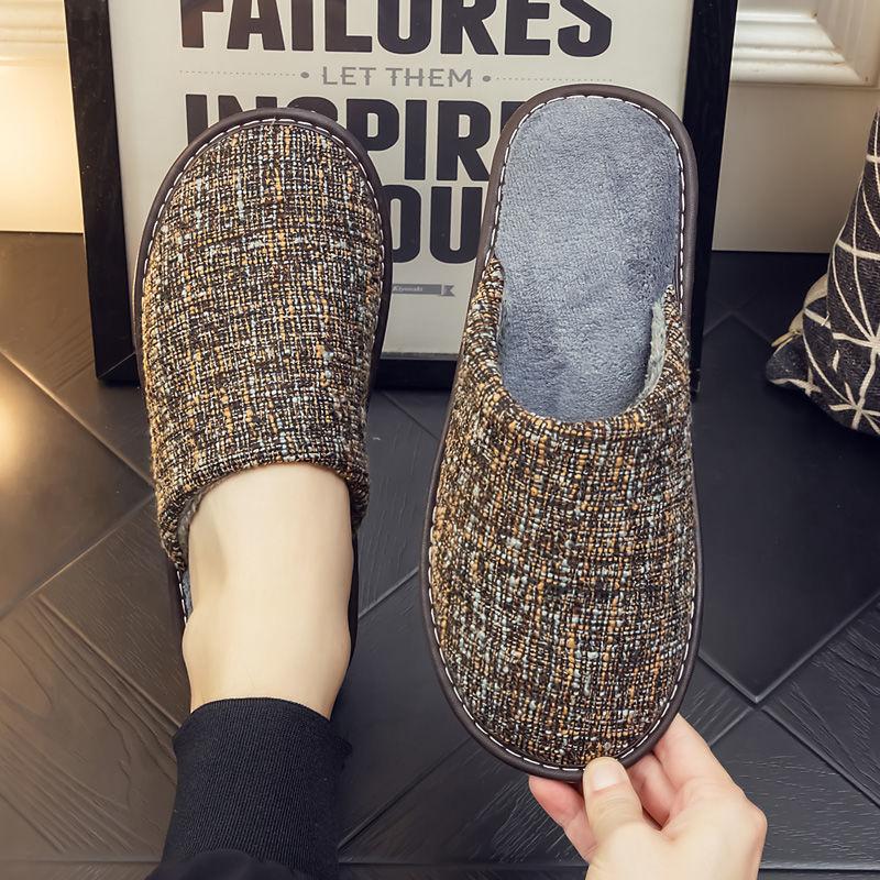 Linen surface breathable autumn and winter velvet warm men and women couples elderly home cotton slippers indoor thick bottom non-slip