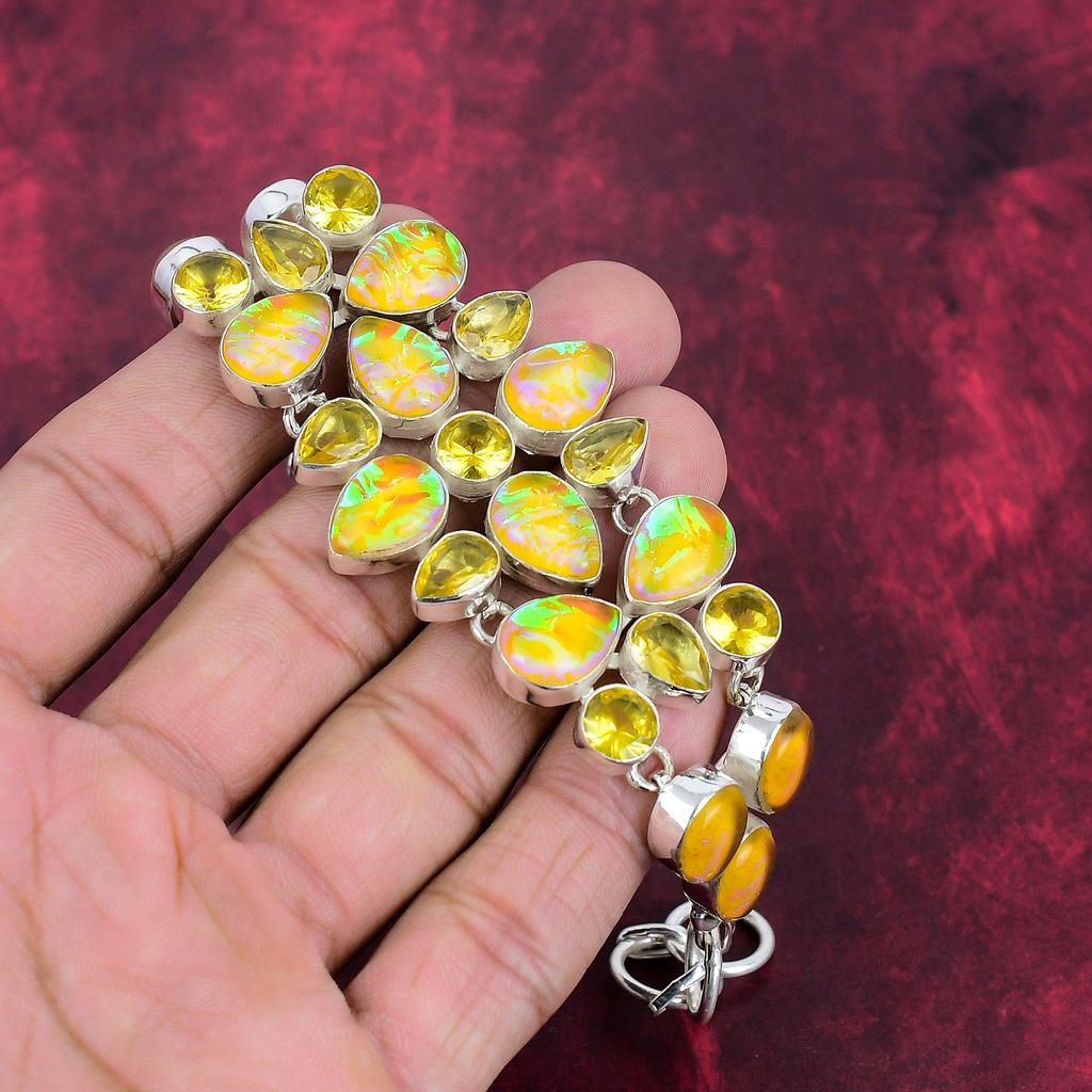 Yellow Triplet Opal, Citrine Bracelet, 925 Solid Sterling Silver Gemstone Jewelry, Handmade Bracelet, For Memorial Day