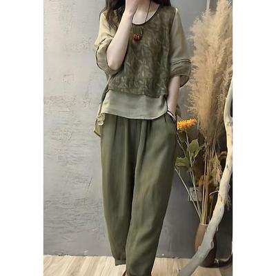 Fashionable Set Women's Summer Print Patchwork Pants Slimming Two Piece Seta