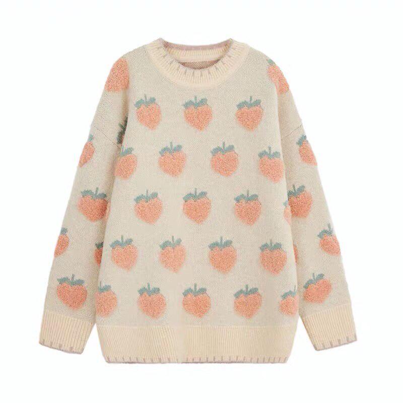 Autumn Winter Sweet Lolita Cute Pink Cartoon Fruit Pattern Knitted Casual Pullover Loose Sweater Long Style Top Outwears