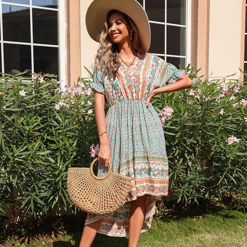 

Summer ethnic style geometric floral print irregular green dress XL зелений