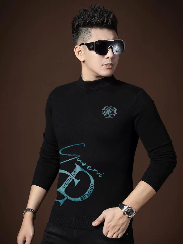European Trendy Brand 2025 Autumn New Half-Turtleneck Base Sweater Men's Trendy Printed Casual Pullover Knitwear