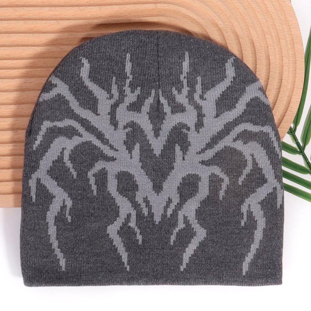 Spider Pattern Knit Hat For Winter Thermal Breathable Streetwear Men Women серый