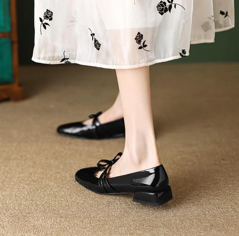 Fashion Woman Footwear Gothic with Bow Cute Kawaii Chunky Heels Low Heel Elegant Japanese Style Lolita Square Toe Mary Jane Block Spring