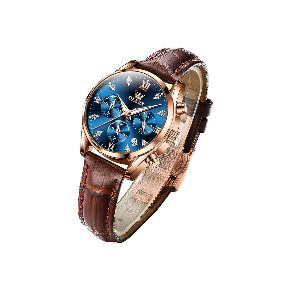 OLEVS Women s Quartz Watch Rose Gold and Blue Leather Strap Luminous Dial 30M Water Resistant