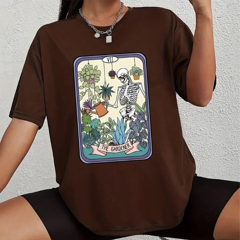 Tricou cu imprimeu cu schelet și plante la modă pentru femei