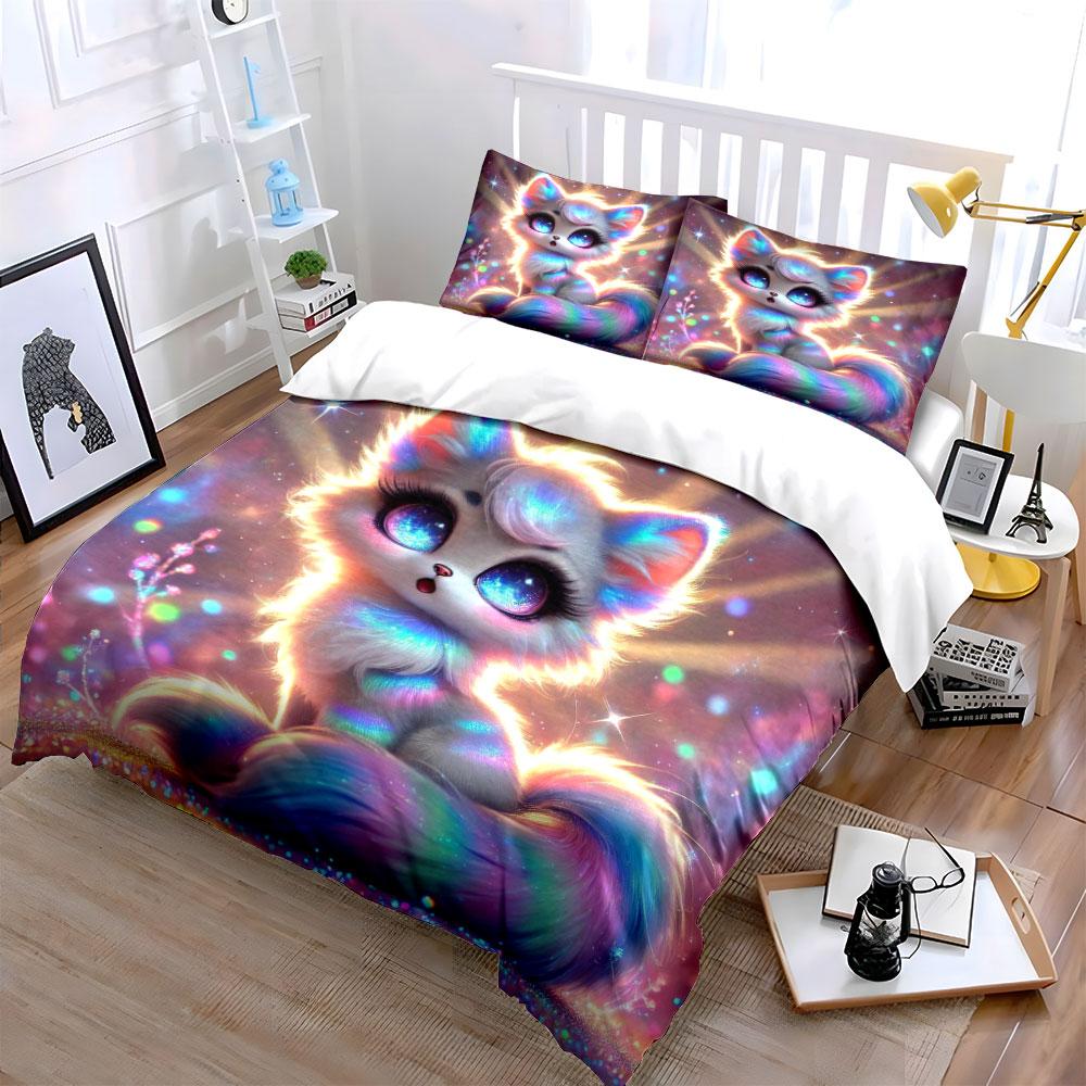 Dreamy Colorful Glowing Cat Duvet Cover Set With 3D Printing Design Soft Polyester Bedding Set All-Season Comfort For Gifts