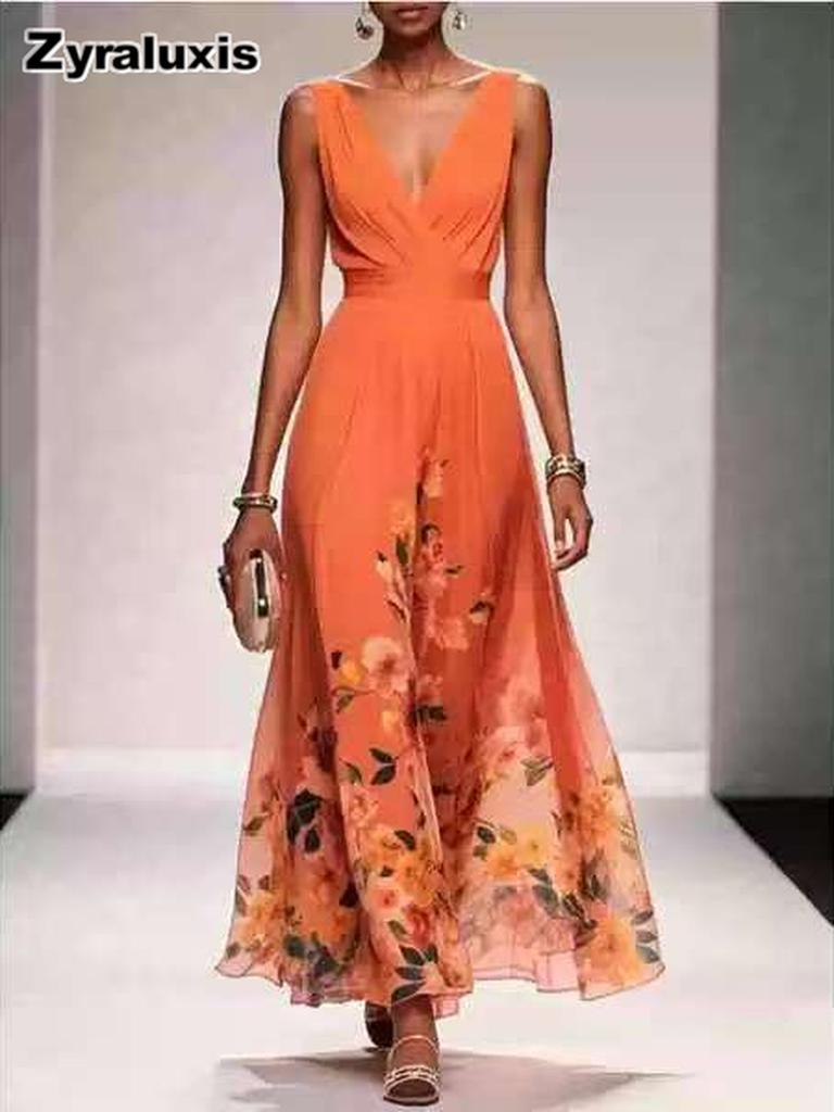 New Summer Sexy V-Neck Chiffon Printed Dress