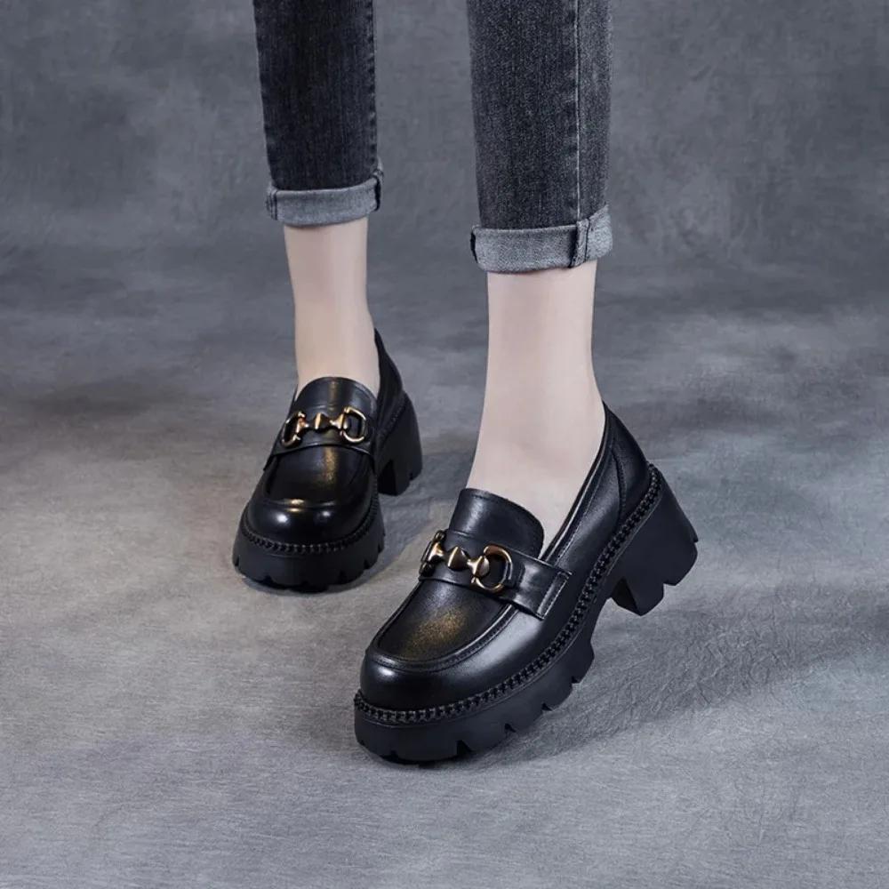 Platform Shoes Spring Summer Genuine Leather Loafers Women'S Metal Buckle Single Shoes Elevated Thick Sole Small Leather Shoes