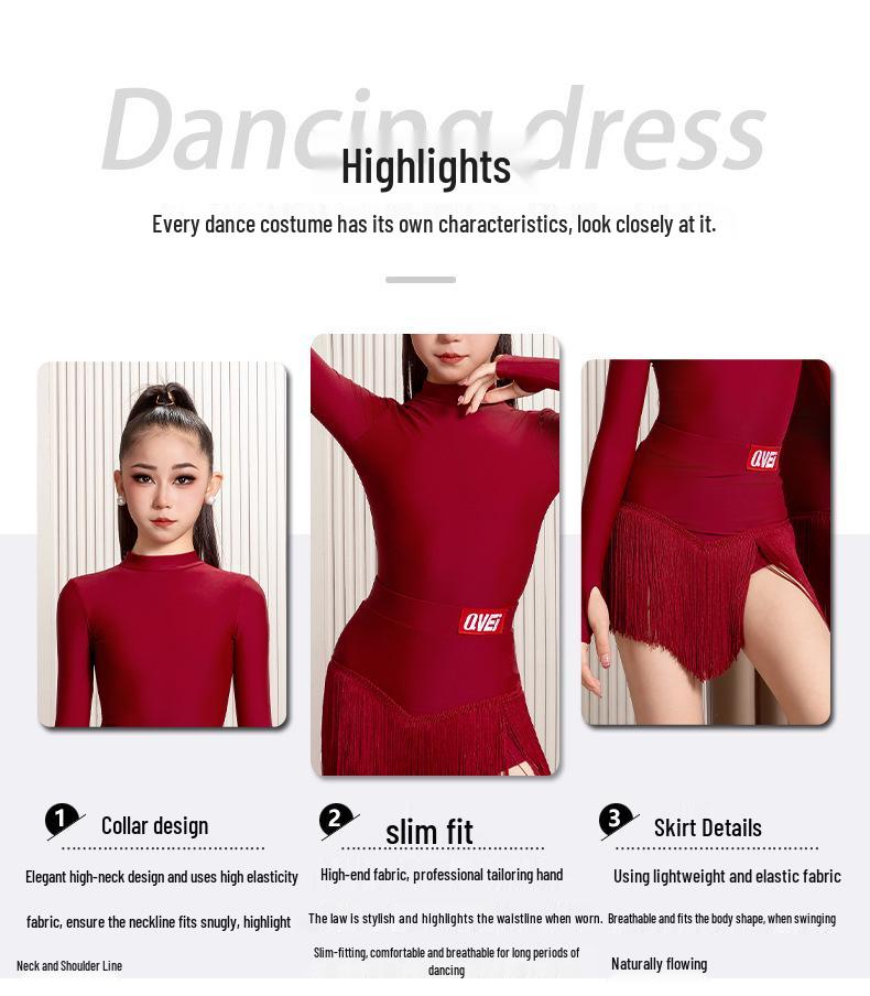 Qi Mei 2025 Kostým pro dívky na latinskoamerické tance – Set s třásňovou sukní pro soutěž & trénink