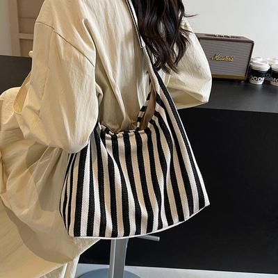 Striped Handbag Shoulder Large Capacity Casual Bag New Women's Bag Tote Bucket Bag Large Capacity Canvas Tote Bag