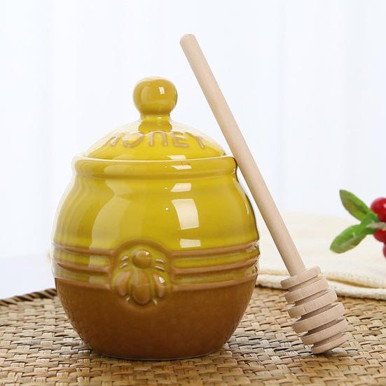 350ml Ceramic Honey Jar Farmhouse Honey Pot with Wood Honey Dipper Stick Retro