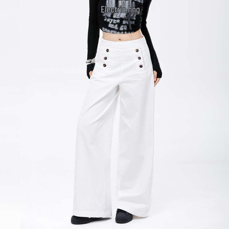 Autumn Women's High-Waisted Wide-Leg Pants with Multi-Button Design, Extended Length