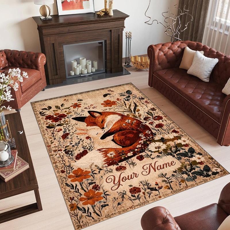 Fox Theme Crystal Velvet Floor Rug Personalized Custom Name Text Warm Carpet Home Decoration