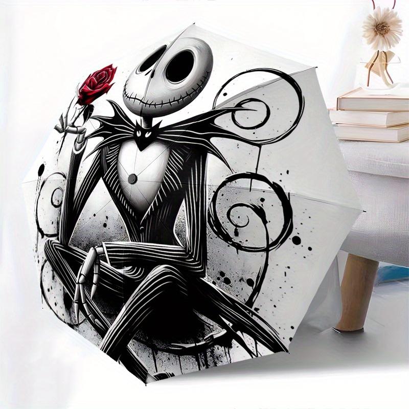 1 Ombrello Portatile Colorato con 8 stecche, Apertura Automatica, Tema Jack Skellington, Nightmare Before Christmas, per Uomo e Donna, Un Compagno Compatto per il Pendolarismo