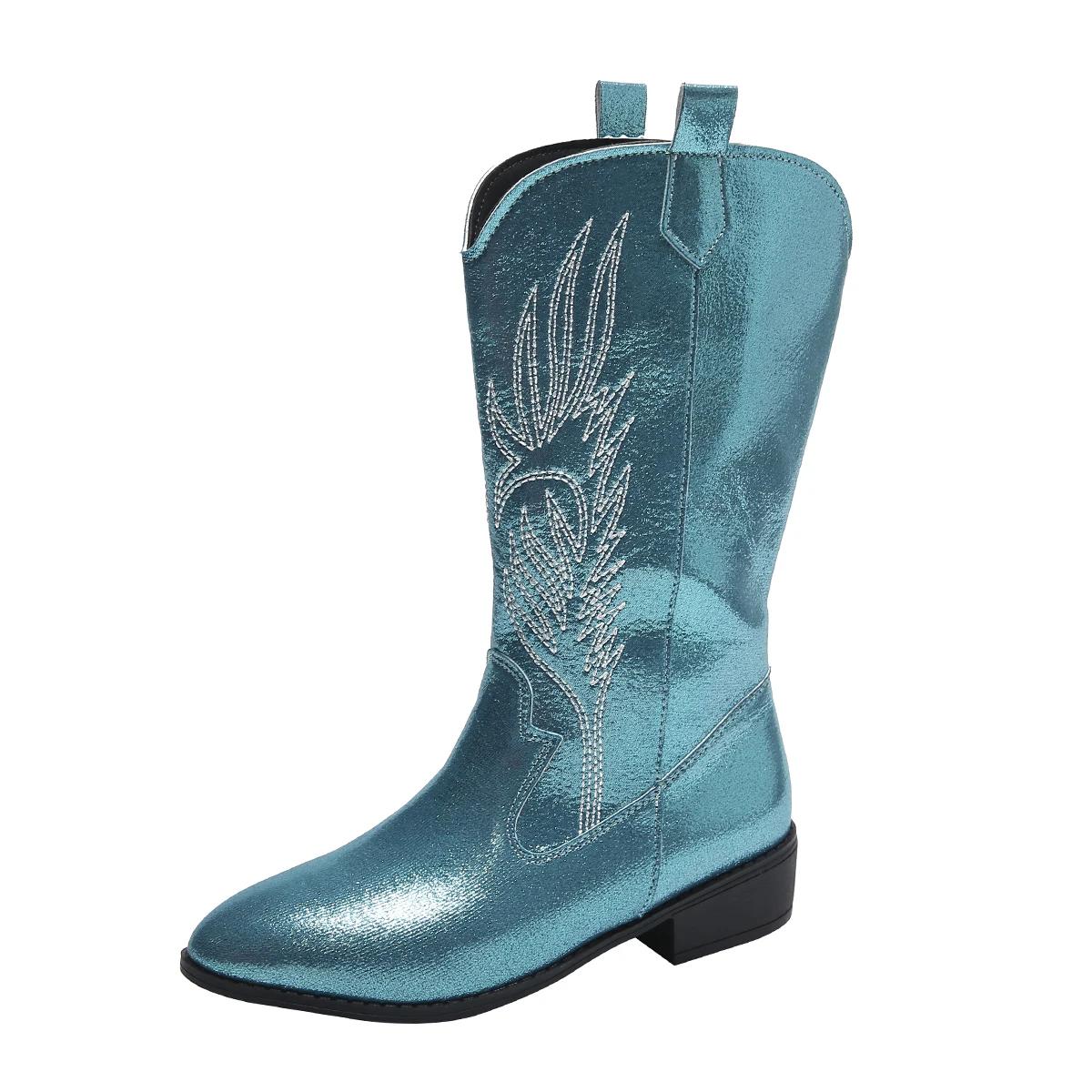 

2024 брендовая женская обувь, женские ботинки без шнуровки, модные современные ботинки с вышивкой, женские пикантные женские туфли до середины икры с острым носком 36 baby голубой