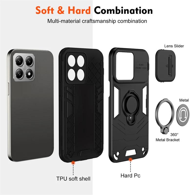 Magnetic Ring Shockproof Armor Case For Xiaomi 14T Pro 5G Slide Lens Protection Cover For Mi 13T PRO POCO X6PRO K70E 13T