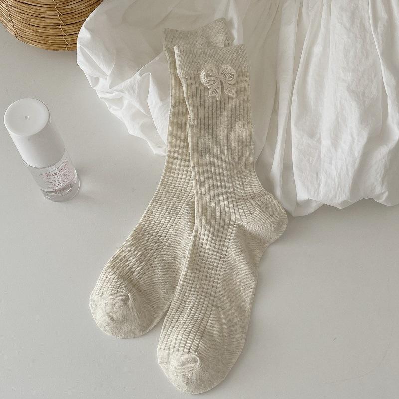 Ladies Spring and Summer Thin Bow Lovely Ballet Style White Tube Stack Socks