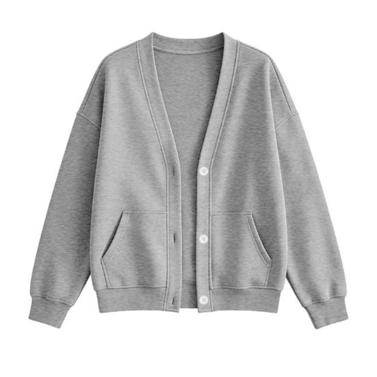 Solid Color Cardigan Women Button Front V-Neck Cardigan, Oversized Sweatshirt with Dual Pockets, Long Sleeve Casual Jacket for Fall Winter Pocket