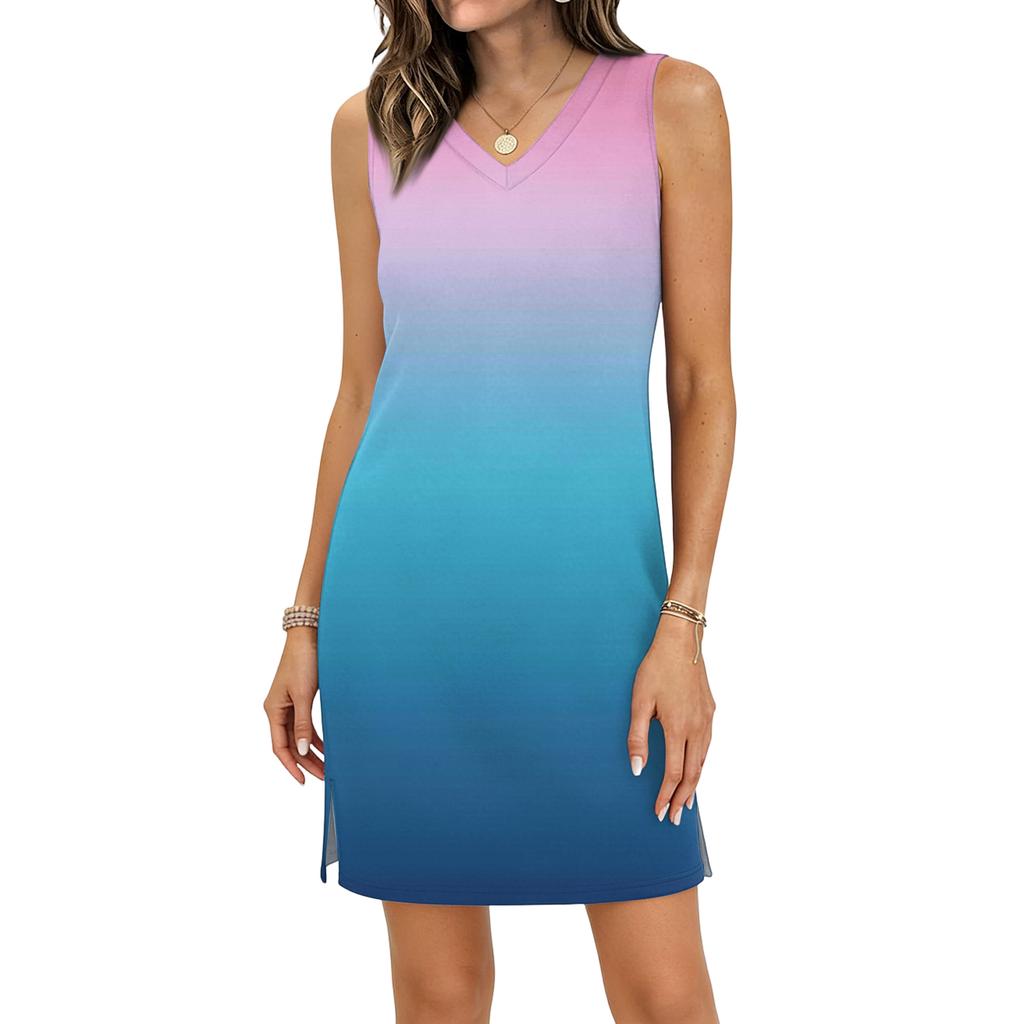 Women's Casual V-neck Sleeveless Split Hem Gradient Dress