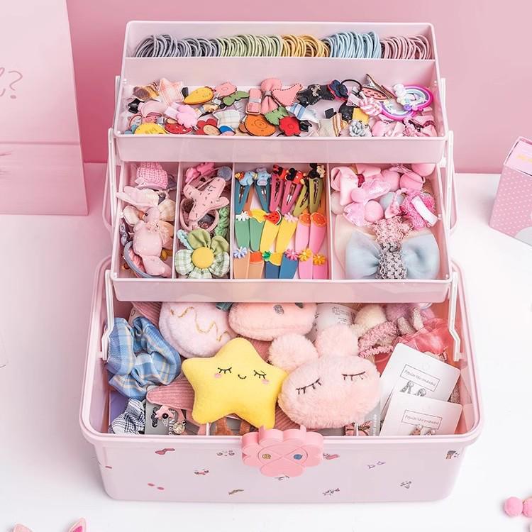 High Capacity Hair Accessories Kit: Elastic Bands, Clips, and Ornaments for Girls with Jewelry Storage Box