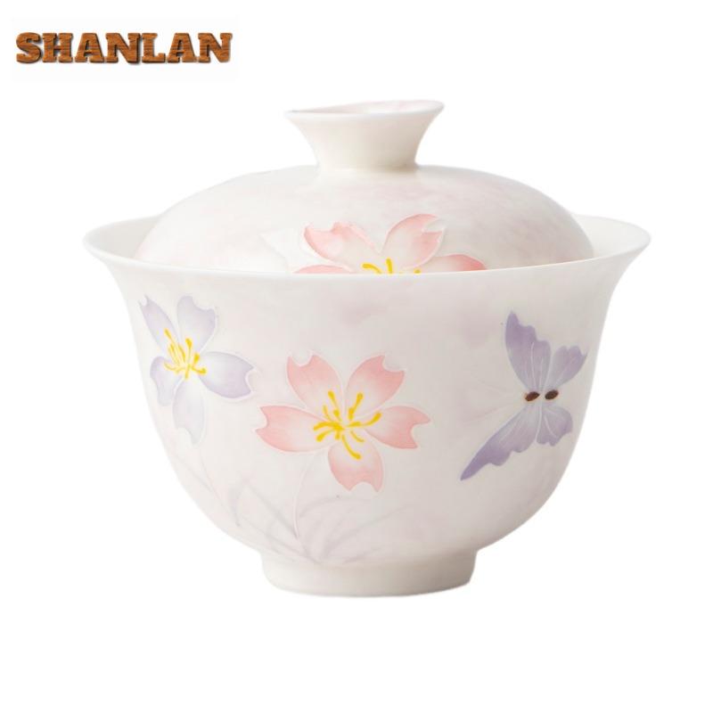 100ml Hand-painted Cherry Weaving Butterfly Gaiwan Vintage Tea Tureen Tea Bowl With Lid Kit Tea Maker Cover Bowl Cha Ornaments