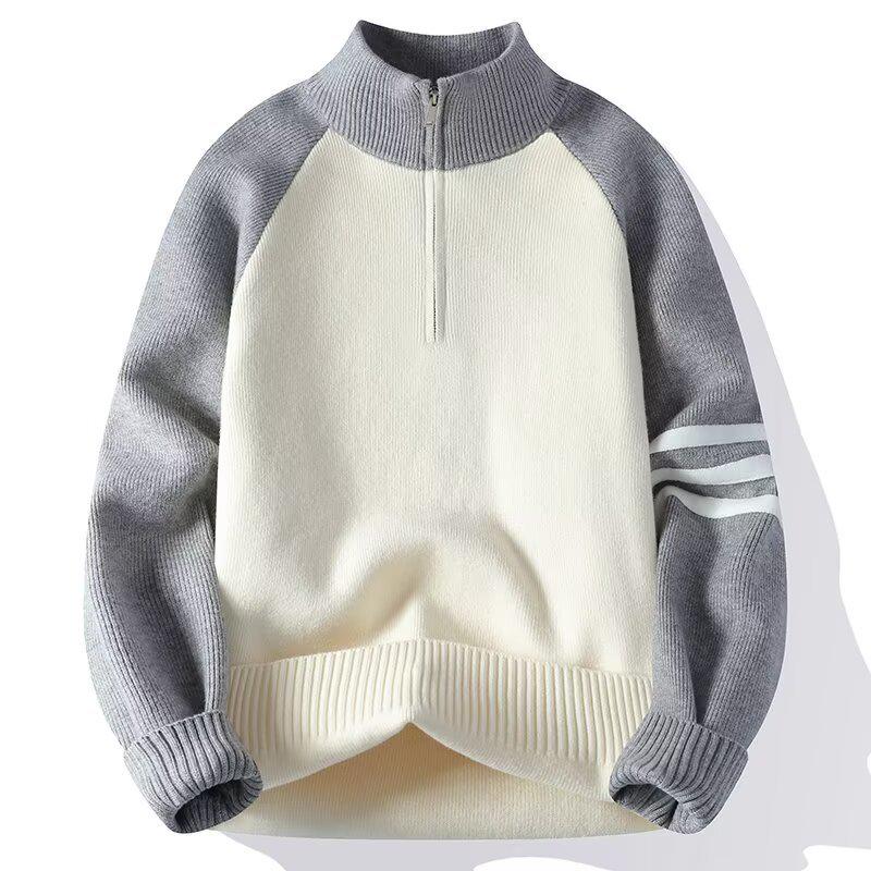 Men s Retro Color-Block Knit Zipper Sweater - Autumn/Winter Style with Half-High Collar. M