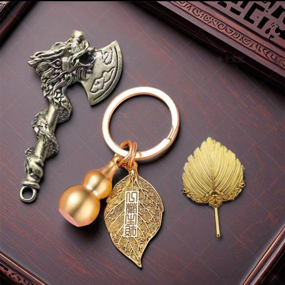 

Kaka 2025 Year of the Dragon Coiled Dragon & Auspicious Clouds Axe Fan with Wealth Gourd Cinnabar Pendant Keychain Dragon Zodiac Set - 4 pieces with incense