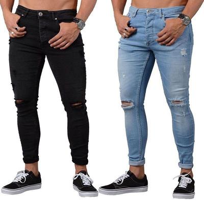 Fashionable Men's Mid-Waist Solid Color Tight-Fitting All-Match Ripped Jeans Foot Pants Trousers