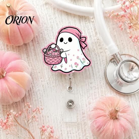 Decorative Badge Holder for Nurses Halloween Ghost Reel, Glitter Acrylic Retractable Clip, Cute Pink Durable ID Reel Name Women Nurse Teacher Medical