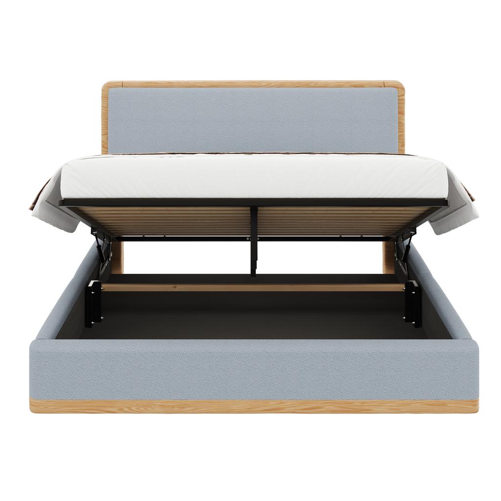 140x200 Upholstered Platform Bed with Hydraulic Storage Space under the Bed, Grey + Natural Wood Tones