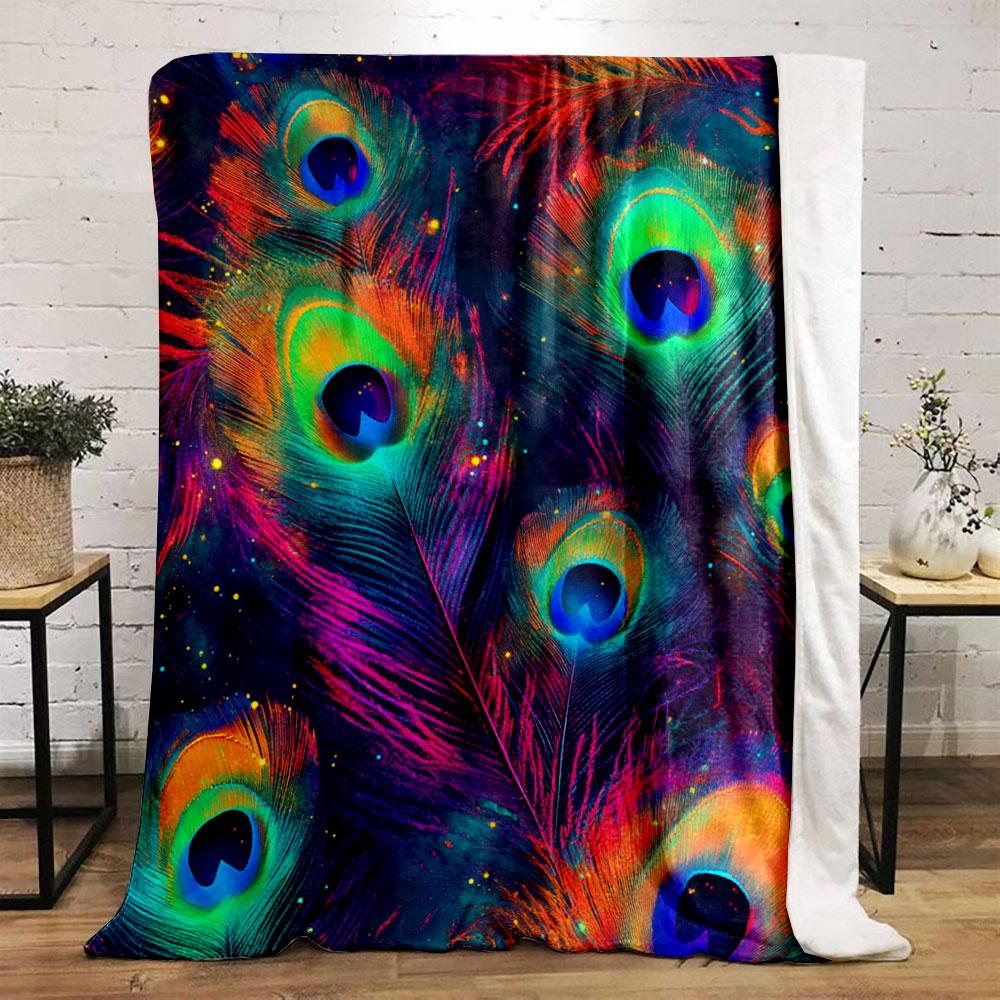 Vibrant peacock feathers with a cosmic and multicolor glowing effect. for all seasons blanket lunch break throw gift