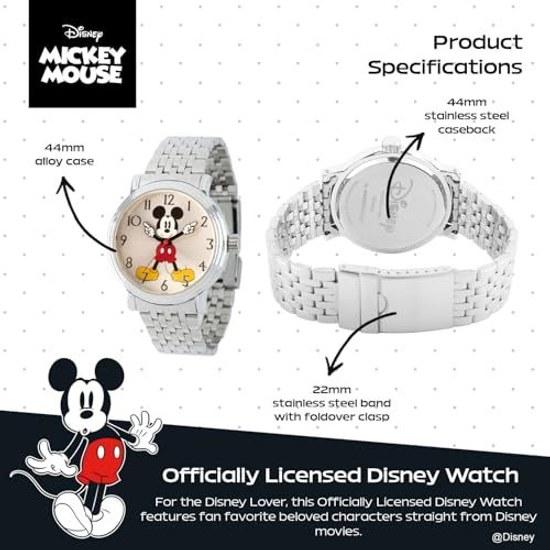 Disney Mickey Mouse Jointed Hand Watch Mens - Stylish Classic Timepiece White Dial Silver Case Stainless Steel Strap