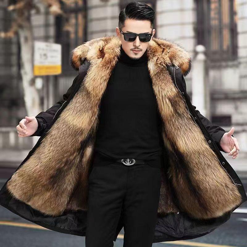 Pie overcome men's winter medium and long fur integrated winter thickened imitation fox fur jacket
