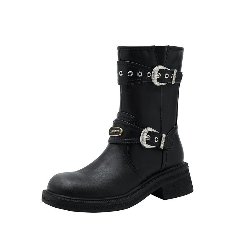 

Coarse Heel Martin Boots Spring and Autumn British Style Short Skinny Boots Locomotive Knight Boots Maillard Skinny Belt Buckle Single Boots 35