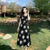 Black Floral Dress for Women's Summer Waist and Thin Temperament V-neck Short-sleeved French Retro Style Medium and Long Dress