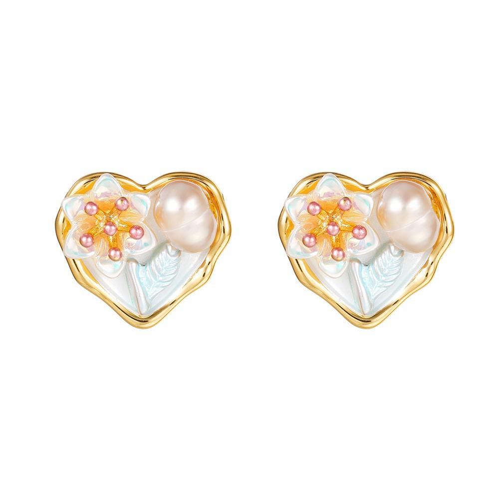 Monet Garden Oil Painting Flower Freshwater Earrings Retro Light Luxury High-End Stud Earrings Versatile Earrings