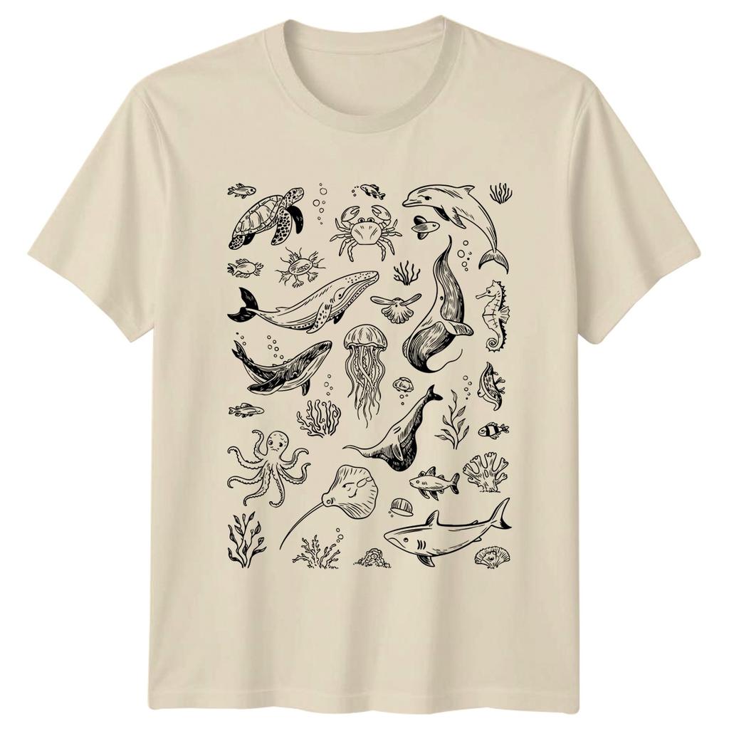 Ocean Life Marine Animals Hand Drawn Graphic Tee Unisexs TShirt Unisexs Top