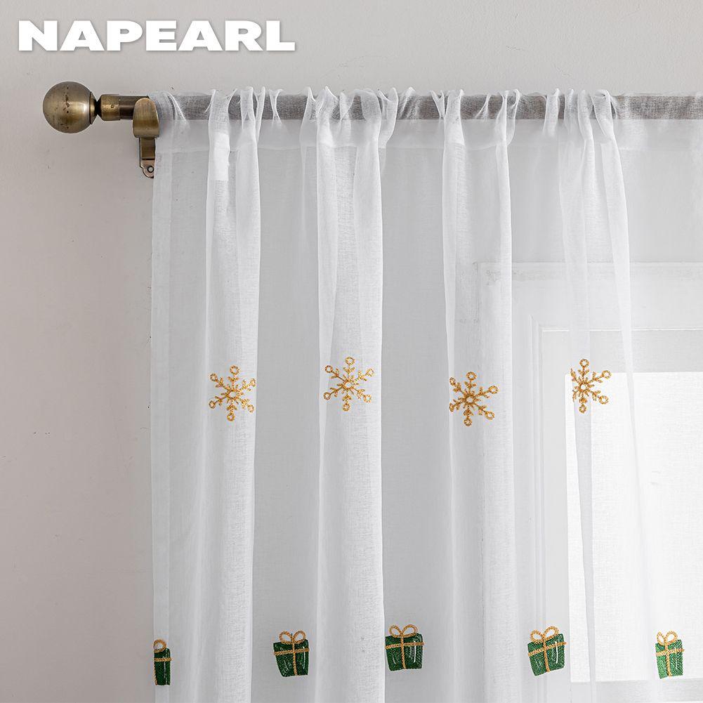 1PC NAPEARL Christmas Style Sheer Curtains Exquisite Santa Claus Pattern Embroidered Tulle for Living Room Bedroom Balcony Window Home Decor