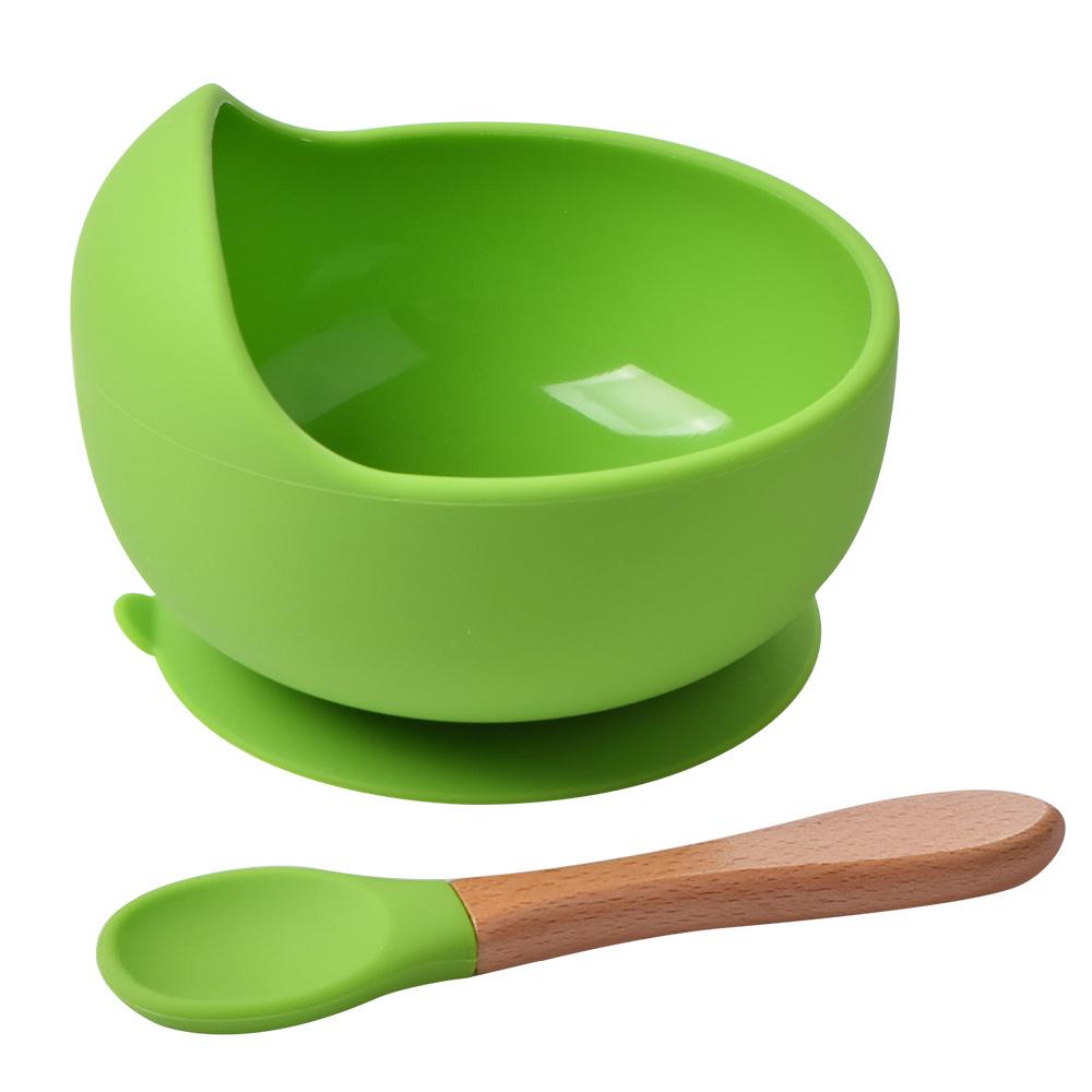 Silicone Baby Bowl & Spoon Set with Wooden Handle and Suction Cup