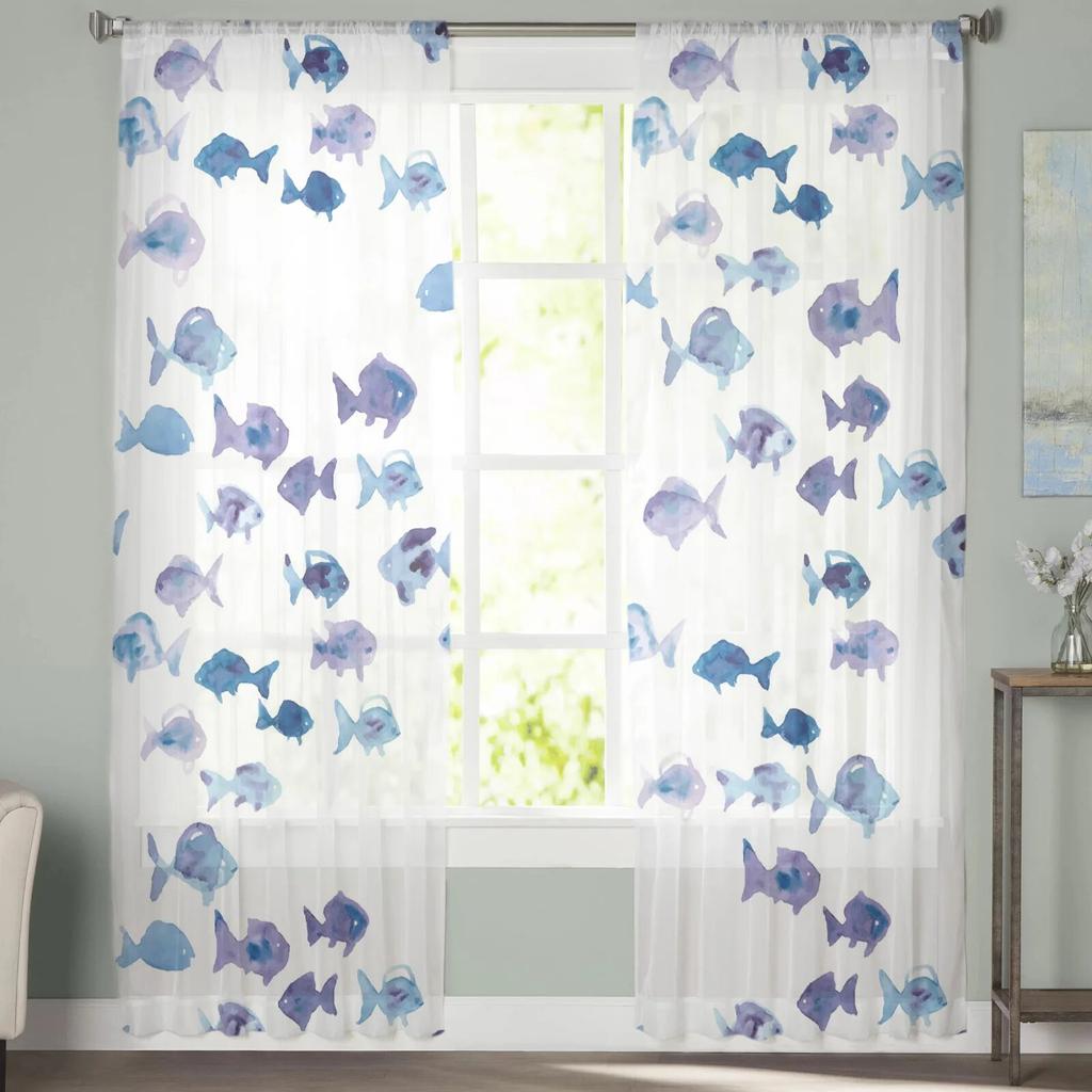 Transparente Fenstervorhänge mit lila Fisch-Aquarellmalerei für Wohnzimmer, Schlafzimmer, Mädchenzimmer, Dekoration, Tüllvorhänge