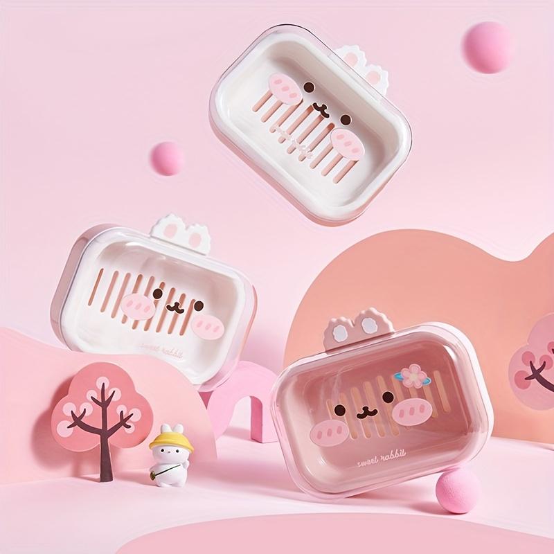 1PC Portable Cartoon Soap Box with Lid - Transparent Cartoon Rabbit Design, Double Drain Soap Holder