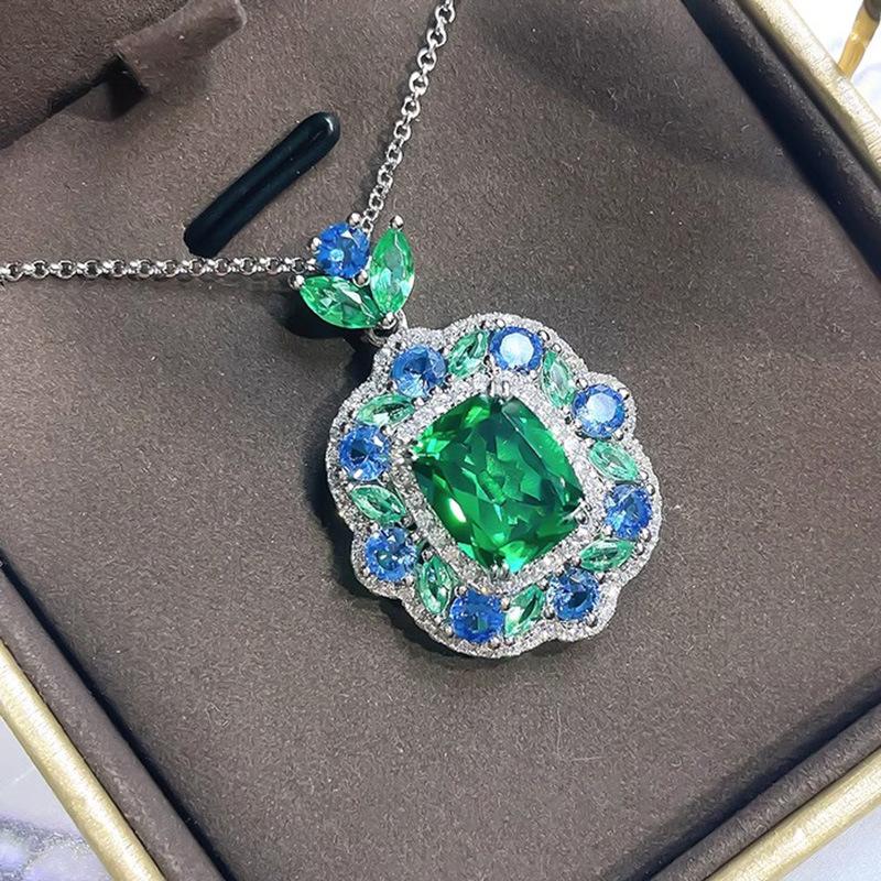 Simulation Retro Colored Treasure Pendant Necklace Colored Treasure Earrings Set Jewelry Emerald Female Stud Earrings Zircon Ring
