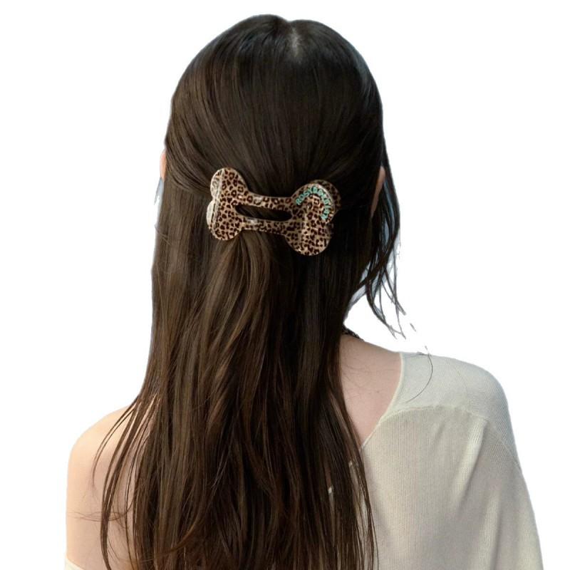 Bone Shape Hair Clip With Polka Dot Leopard Plaid Print Bangs Styling Womens Accessory Sweet Chic Headwear