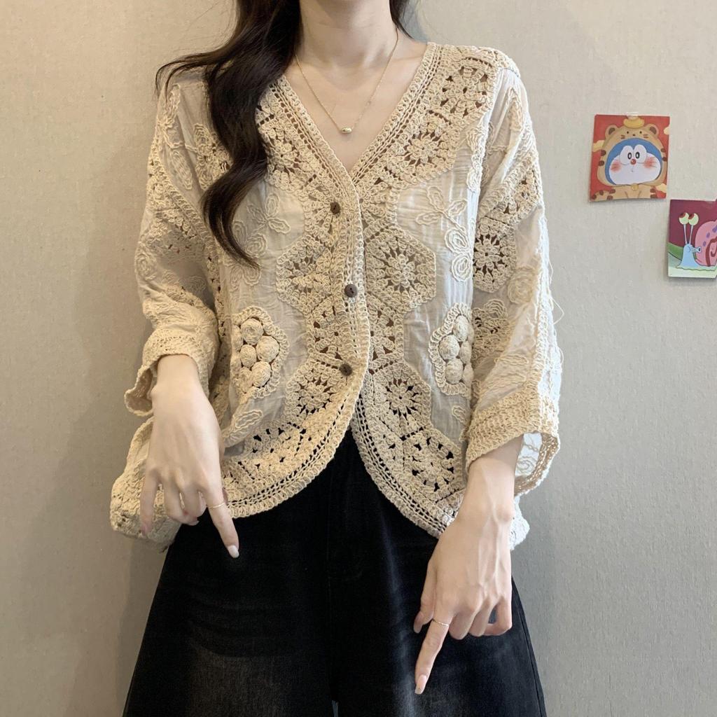 Bohemian Crochet Lace V-Neck Plus Size Sun Protection Cardigan for Women