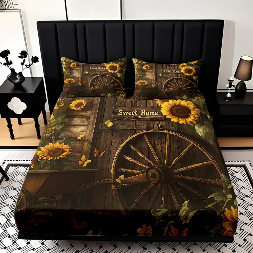 Home Textiles Sunflower Pattern 3D Digital Printing Sanded Sheet Three-Piece Set, Pattern