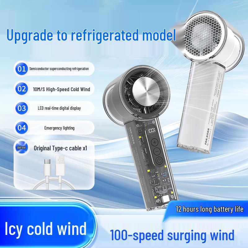 Portable 100-Speed Transparent Cold Compress Handheld Fan with Digital Display
