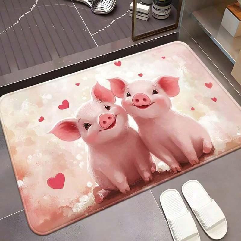 Cute Pig Door Mat - Adorable Cartoon Pigs with Hearts, Soft Non-Slip Entrance Rug, Sweet Home Decor, Multiple Sizes