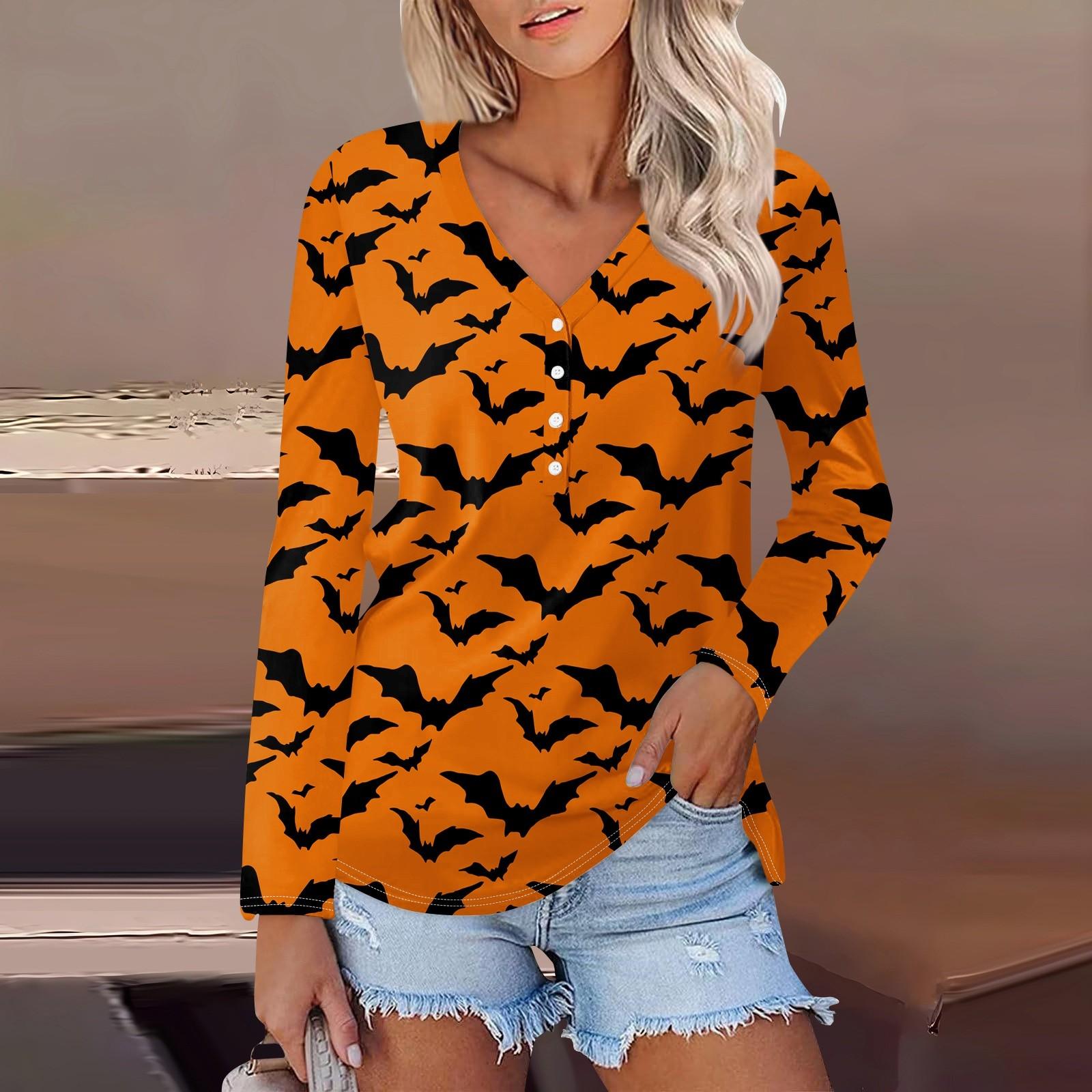 

Женская повседневная модная сексуальная удобная футболка с длинным рукавом и V-образным вырезом на пуговицах на Хэллоуин XXL оранжевый